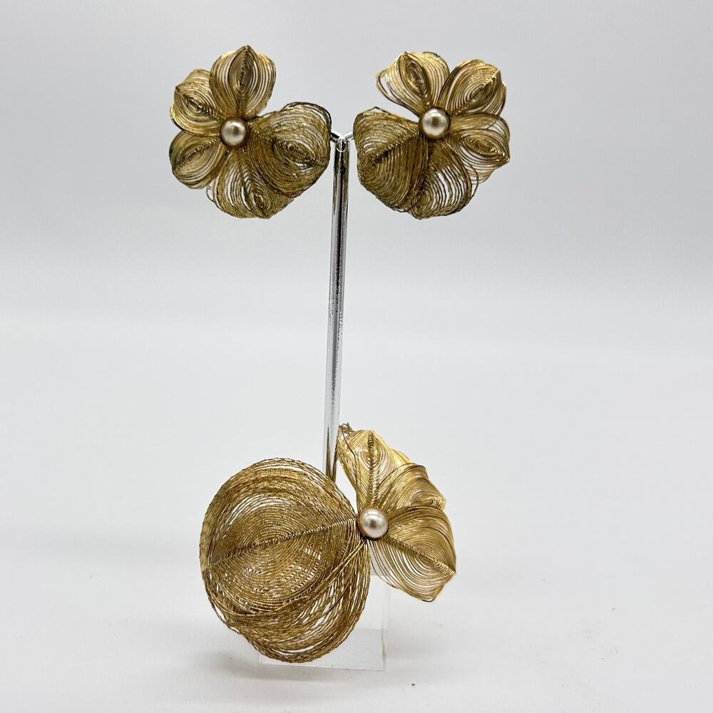 Vintage Clip On Earrings Brooch Set Floral Spun Woven Wire Gold Tone Germany